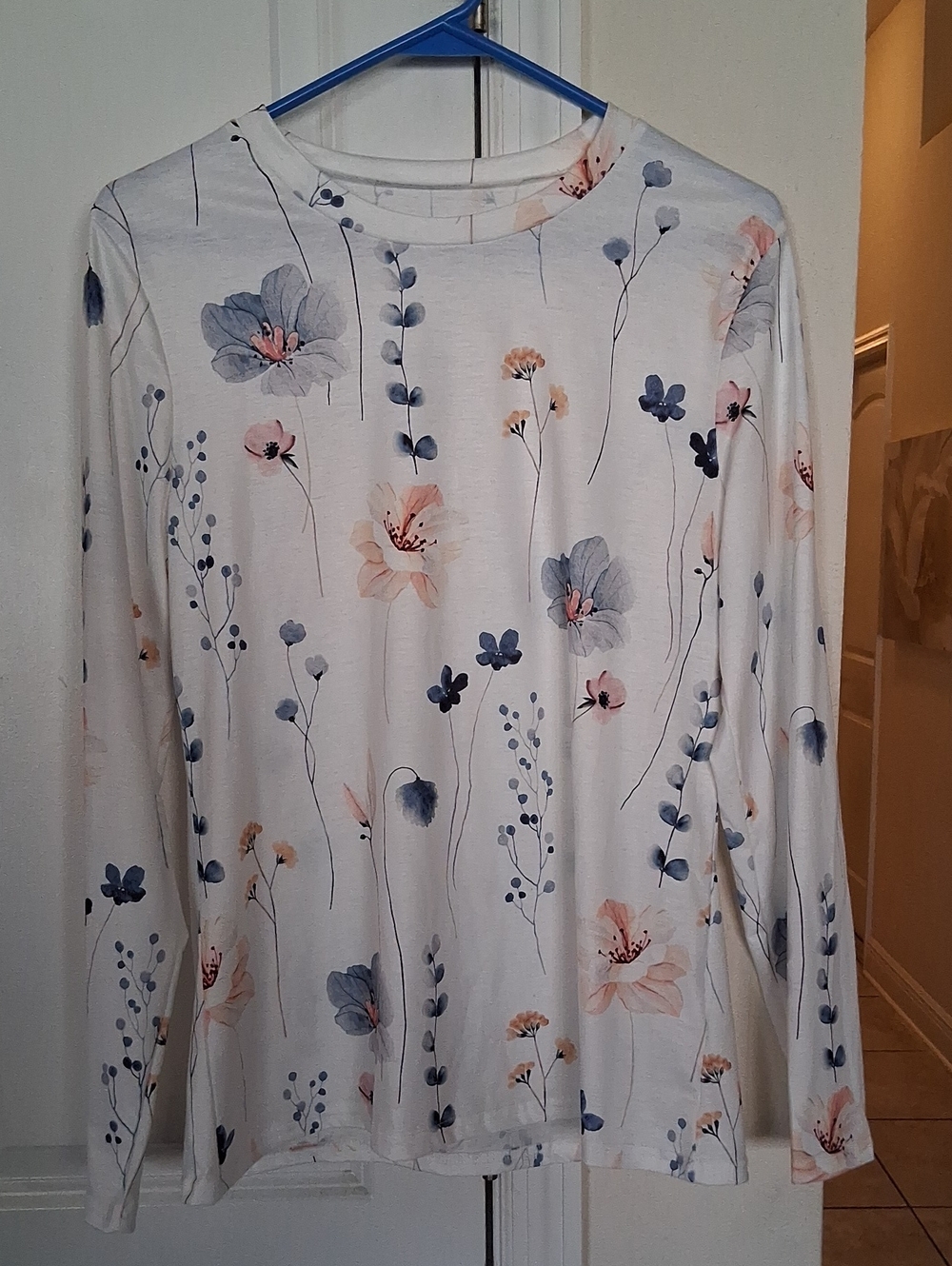 Floral Long-Sleeve Women's Top - White with Blue & Pink Flowers